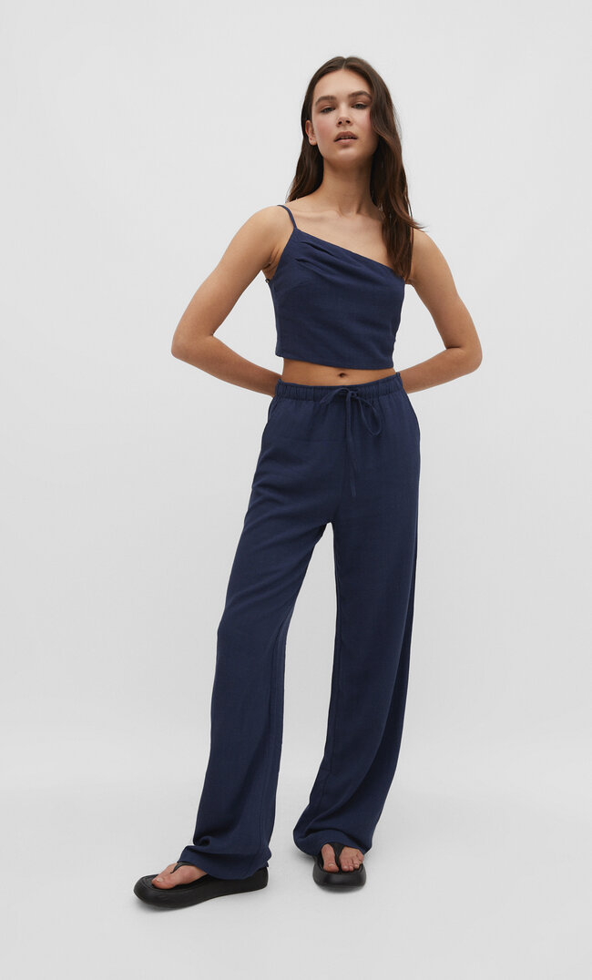 

Stradivarius Lange, Fließende Hose Stil Mit Leinenanteil Marineblau Xl
