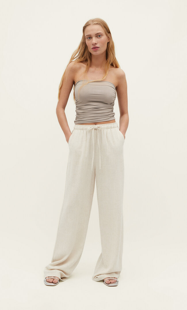 Stradivarius Lange, Fließende Hose Stil Mit Leinenanteil Steingrau L