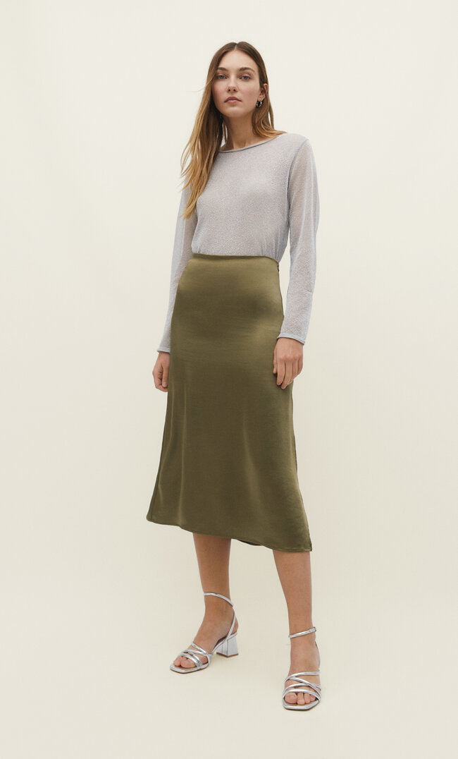 

Stradivarius Satynowa Spódnica Średniej Długości Khaki Xl