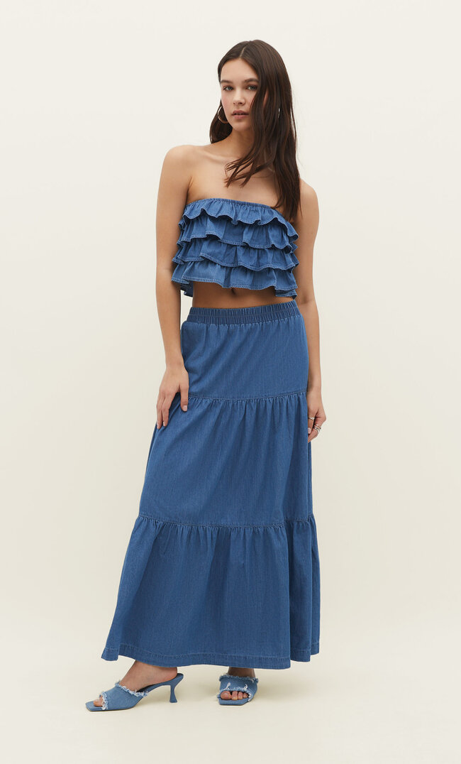 

Stradivarius Jeansowa spódnica maxi w stylu boho Niebieski denim L