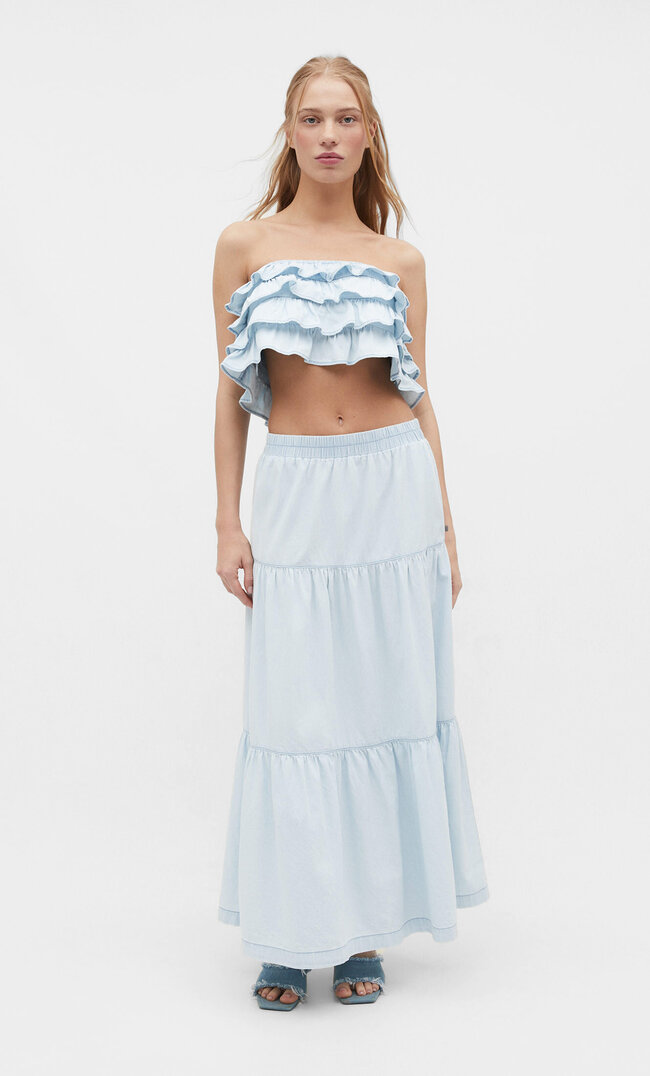 

Stradivarius Jeansowa spódnica maxi w stylu boho Niebieski denim XS