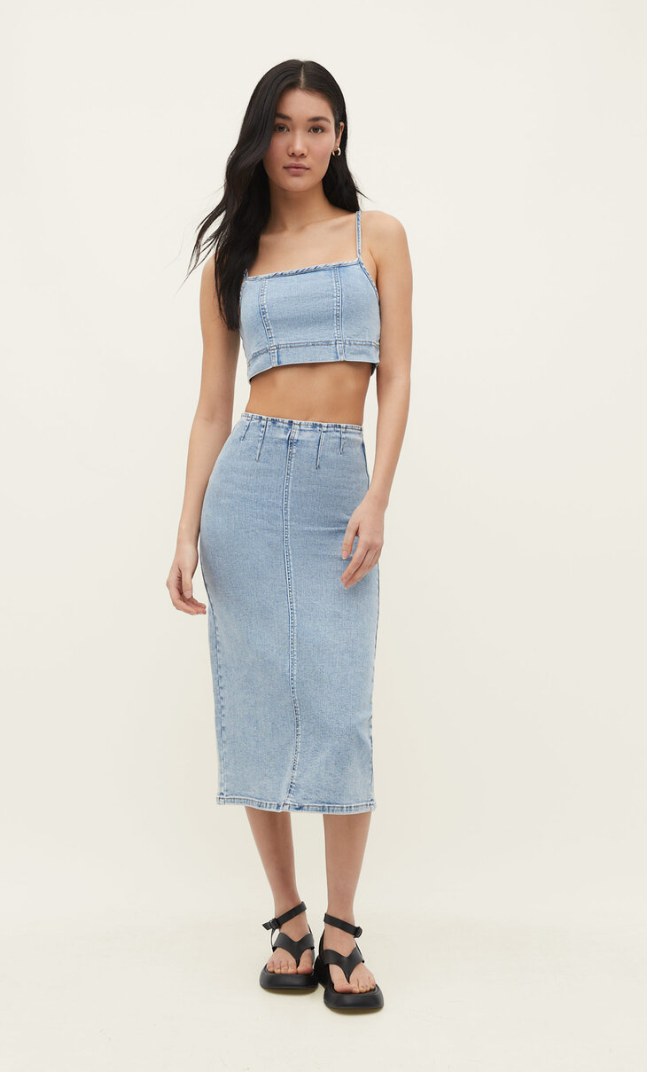 Stretch denim halflange rok