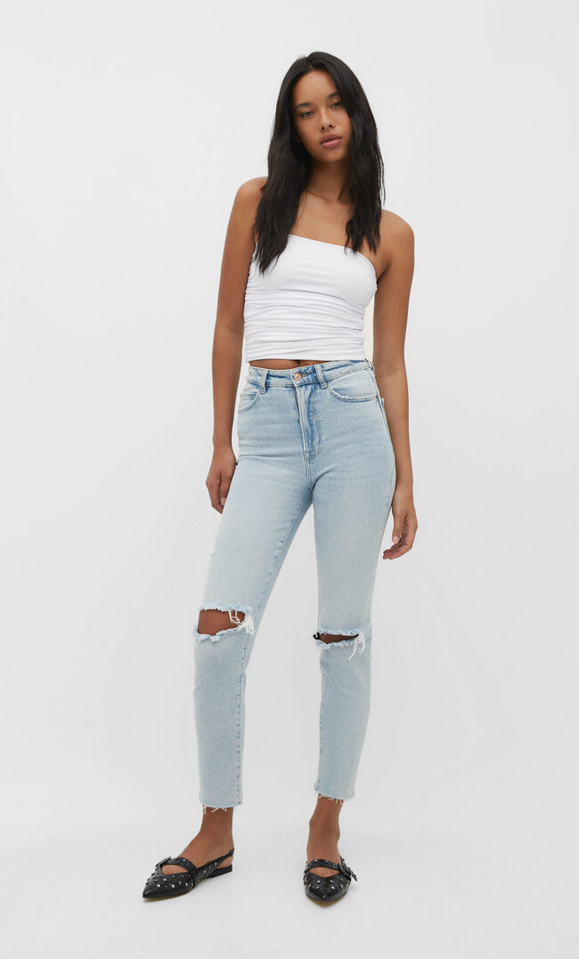 

Stradivarius Mom-Jeans Im Slim-Fit Medium Light Blue Denim 36