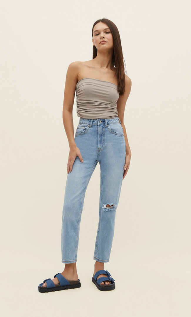 

Stradivarius 1465 Jeansy mom fit typu slim Denimowy średni Light Blue 44