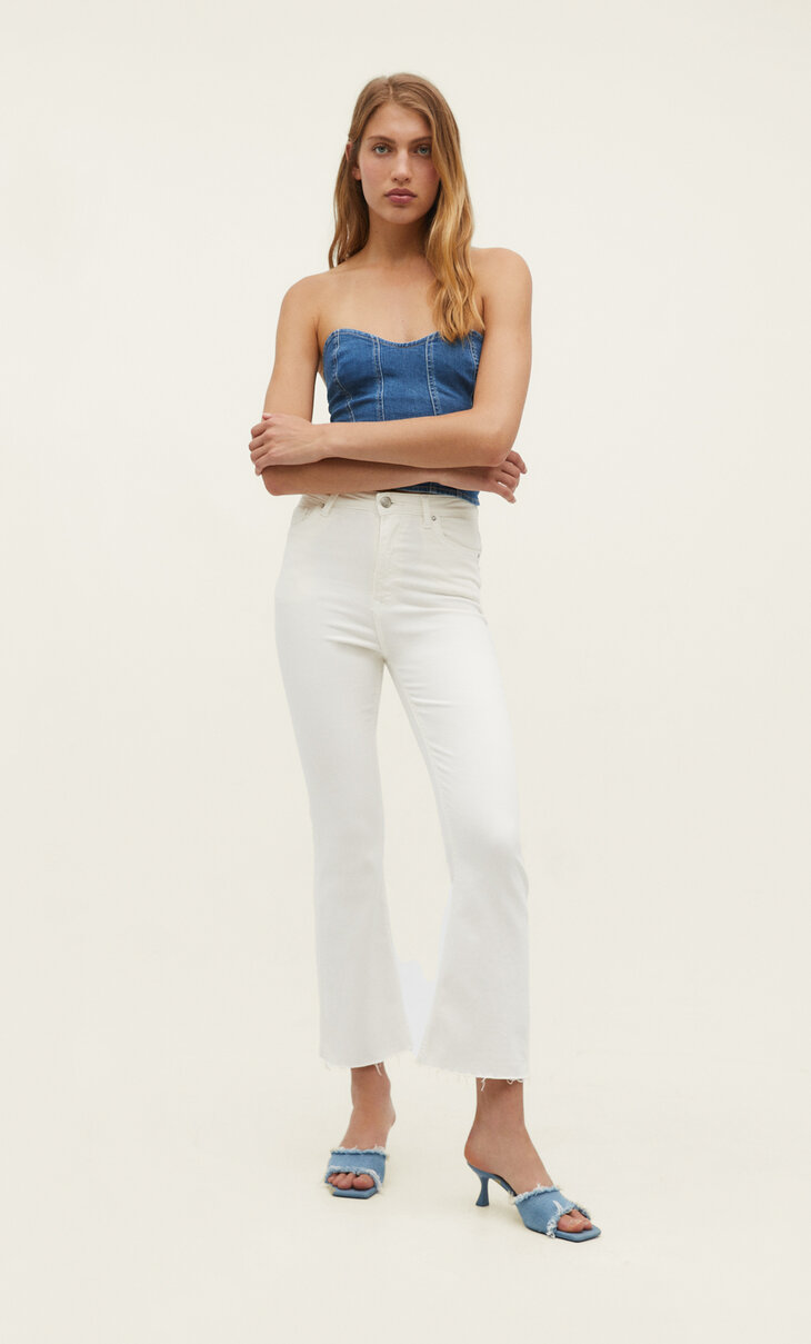 Cropped flared twill trousers