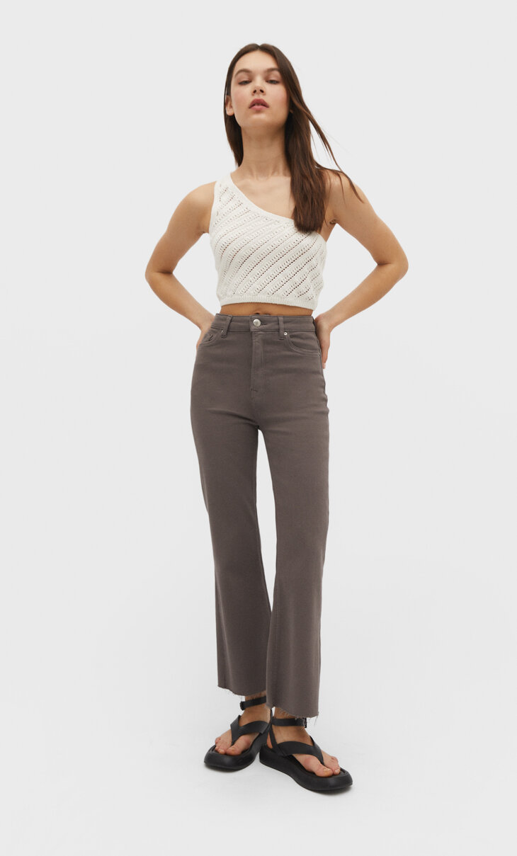 Cropped flared twill trousers