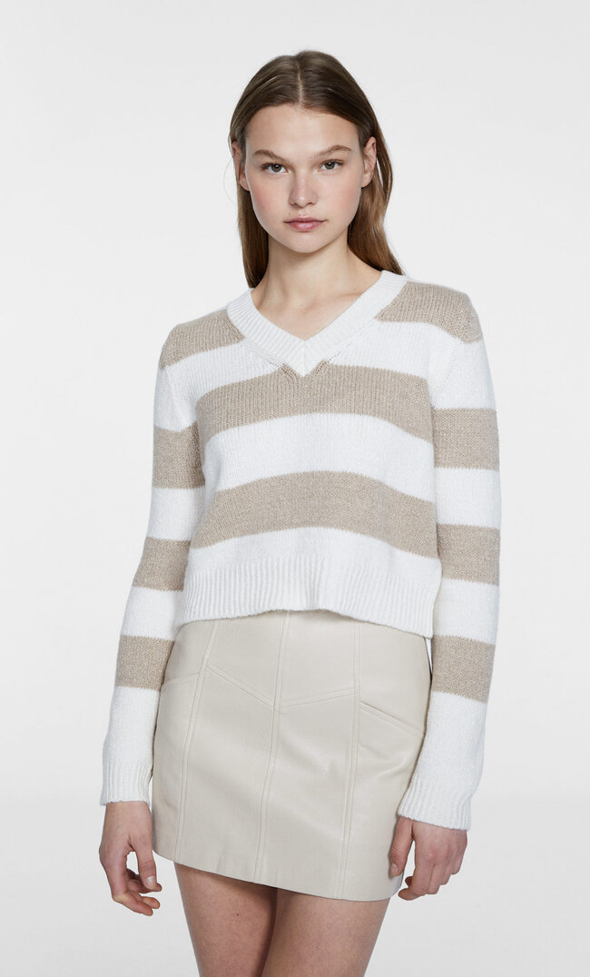 

Stradivarius Gefilzter Pullover Mit Streifen Ecru Xl