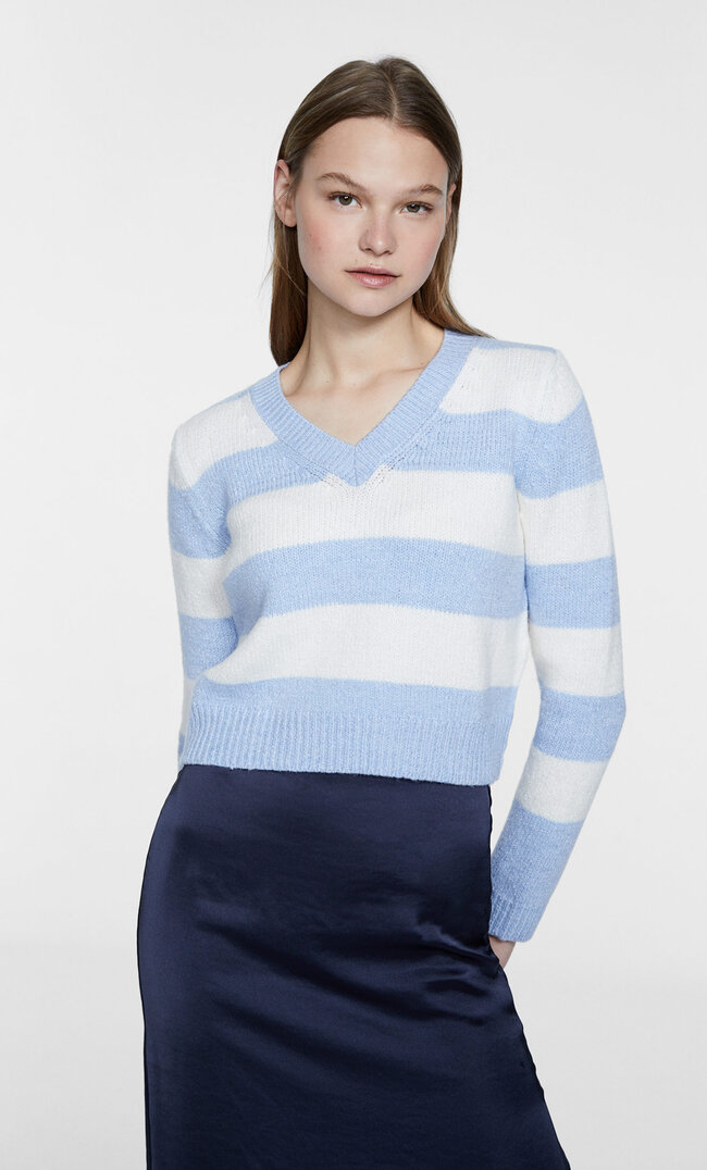 

Stradivarius Gefilzter Pullover Mit Streifen Himmelblau Xl