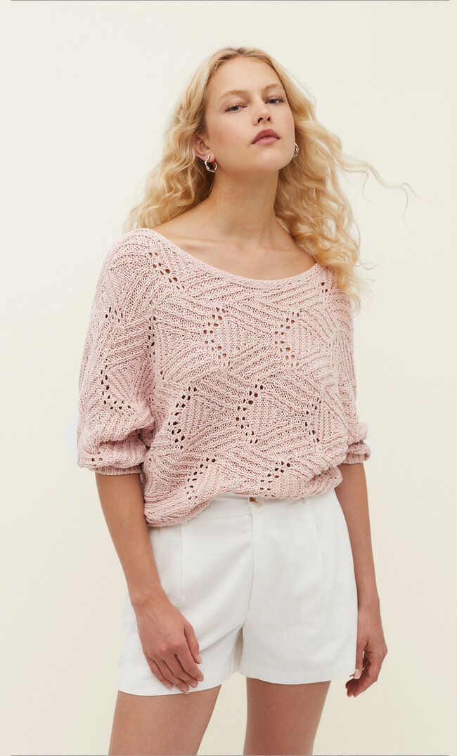 

Stradivarius Ażurowy sweter z rękawem typu nietoperz Pastelowy róż S