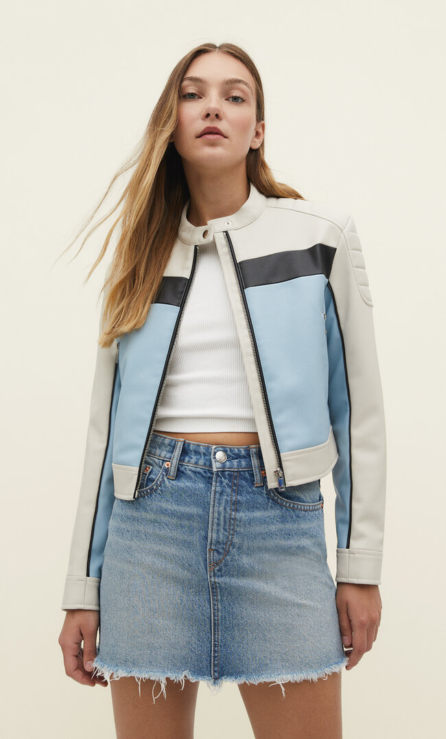 Stradivarius PU-Bikerjacke mit Colour-Block Himmelblau L