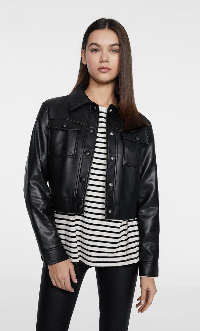 

Stradivarius Truckerjacke Aus Kunstleder Schwarz S