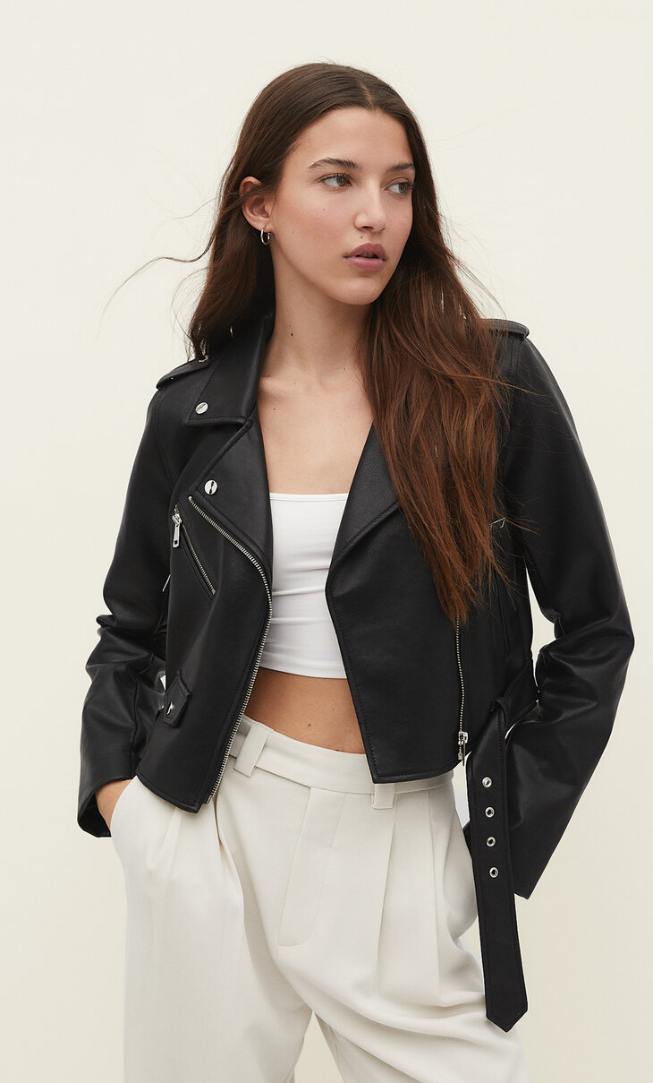 Faux leather biker jacket with belt