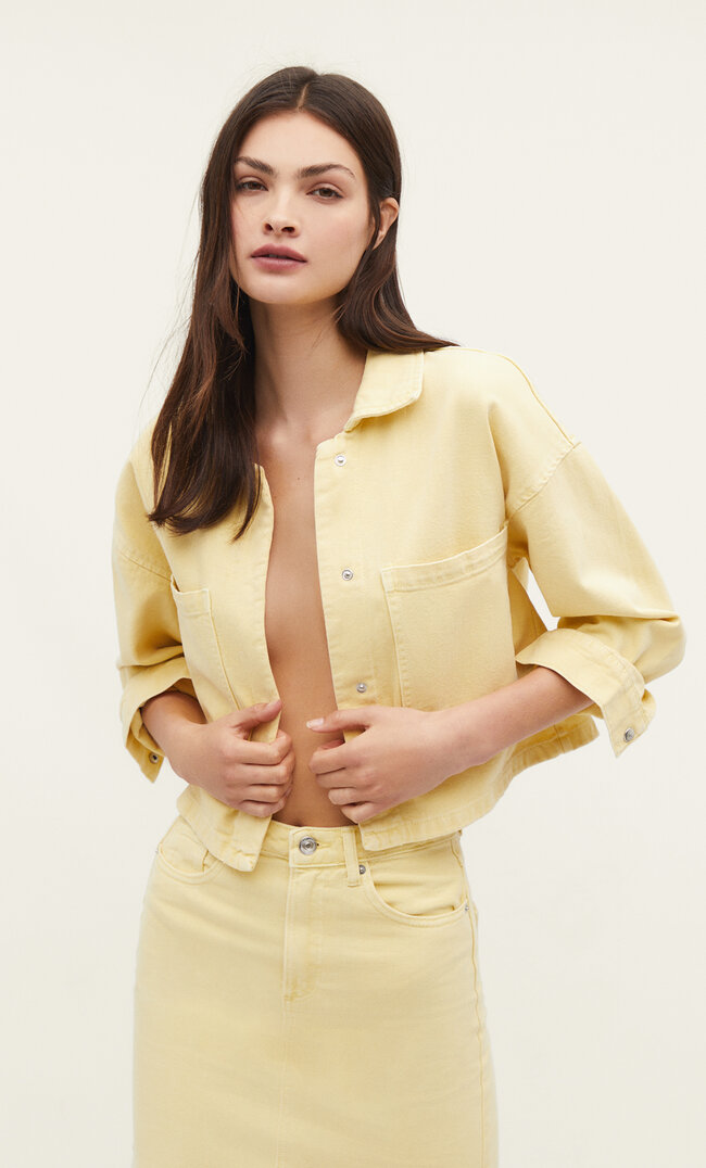 

Stradivarius Cropped-Hemdjacke aus Twill Pastellgelb XL
