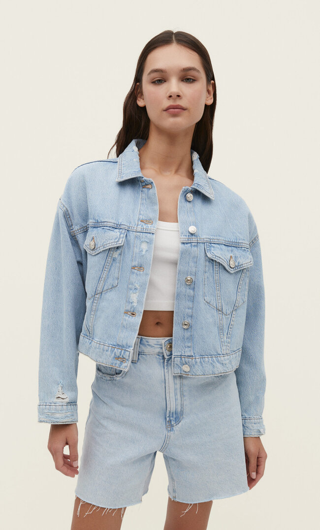 

Stradivarius Cropped-Jeansjacke Medium Light Blue Denim L
