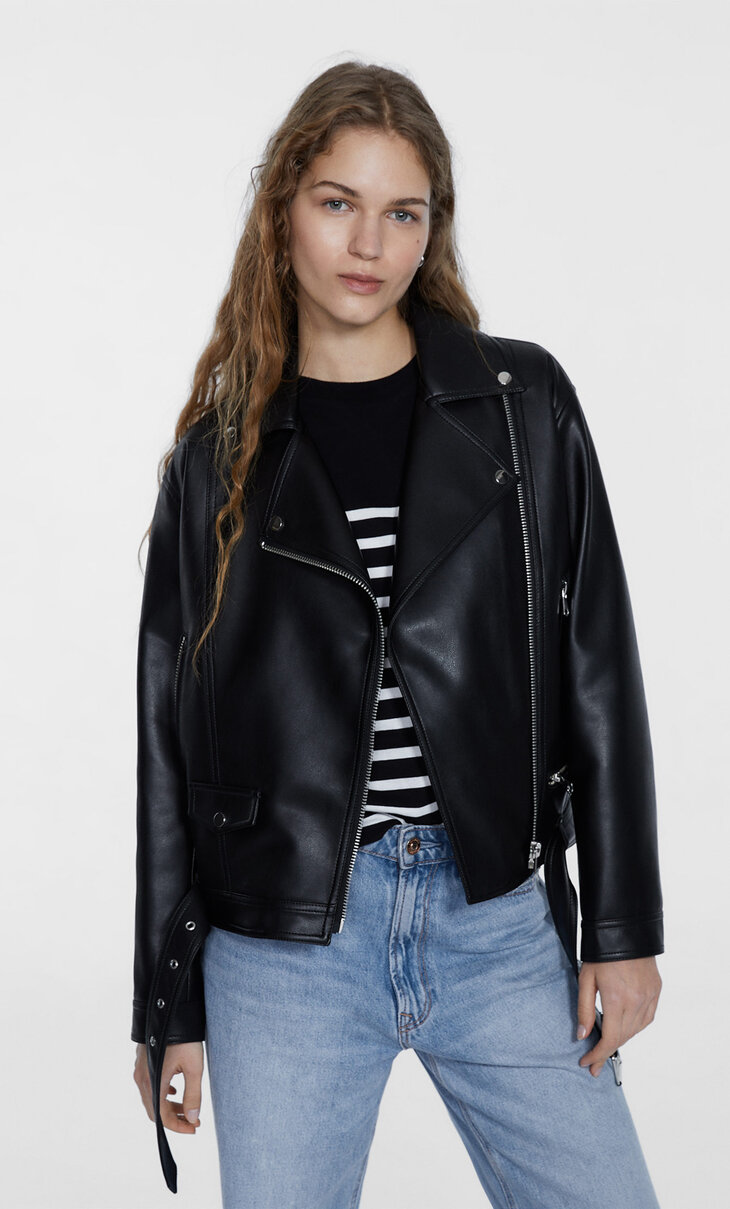 Mid-length faux leather biker jacket