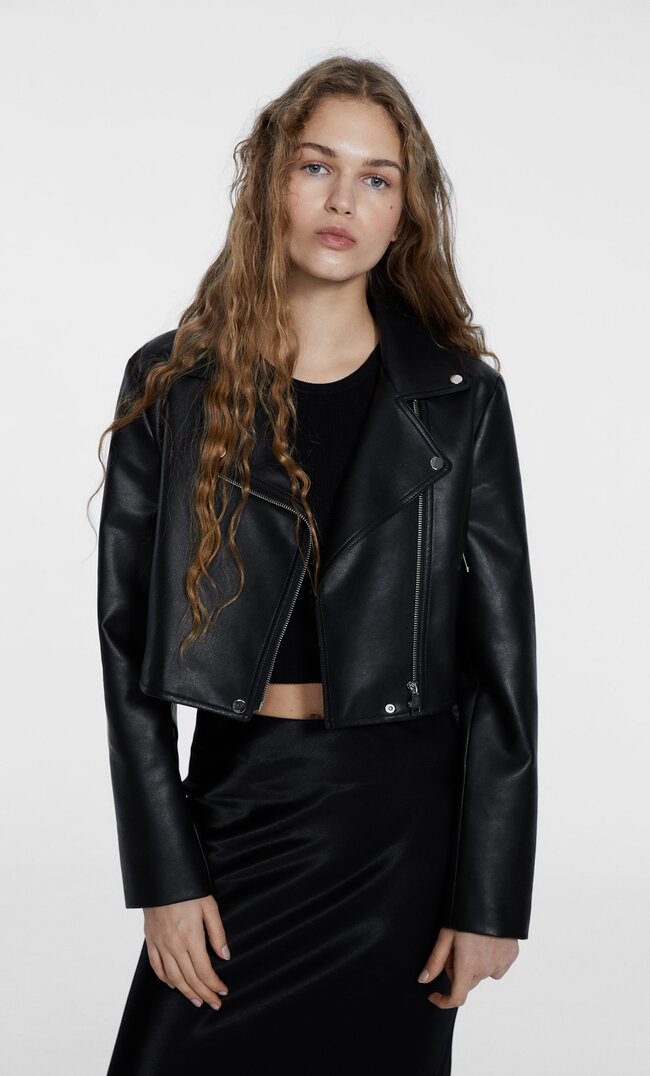 

Stradivarius Krótka Kurtka Biker Ze Sztucznej Skóry Czarny L