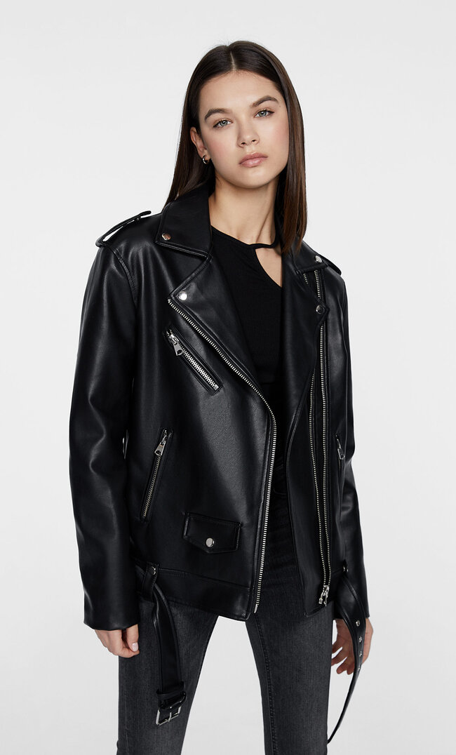 Stradivarius Oversize-Kunstlederjacke Im Bikerlook Schwarz S