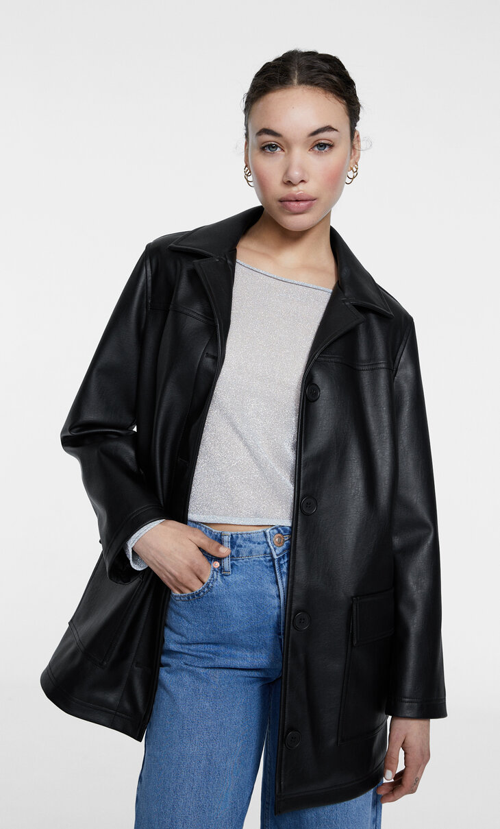 Above-the-knee faux leather coat