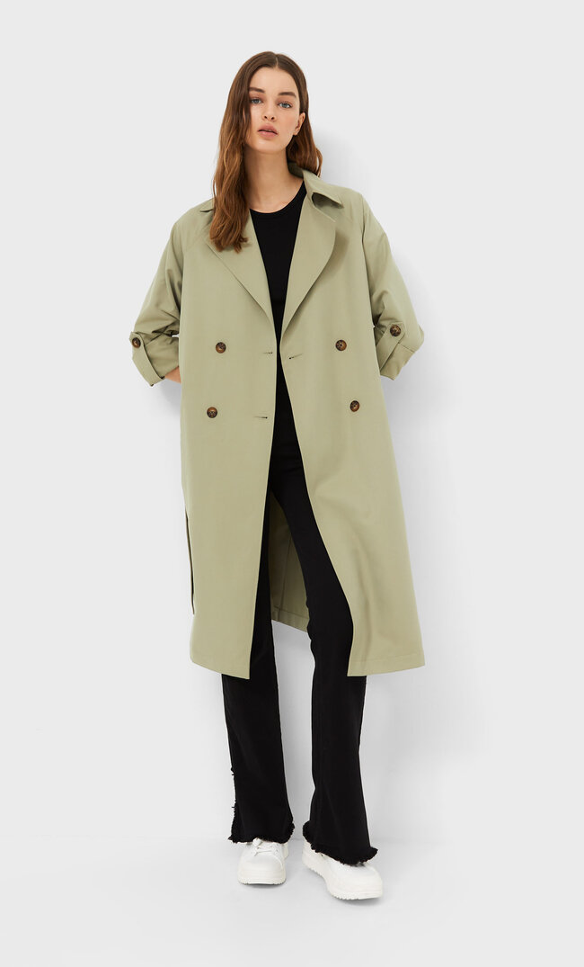 Stradivarius Langer Fließender Trenchcoat Khaki M