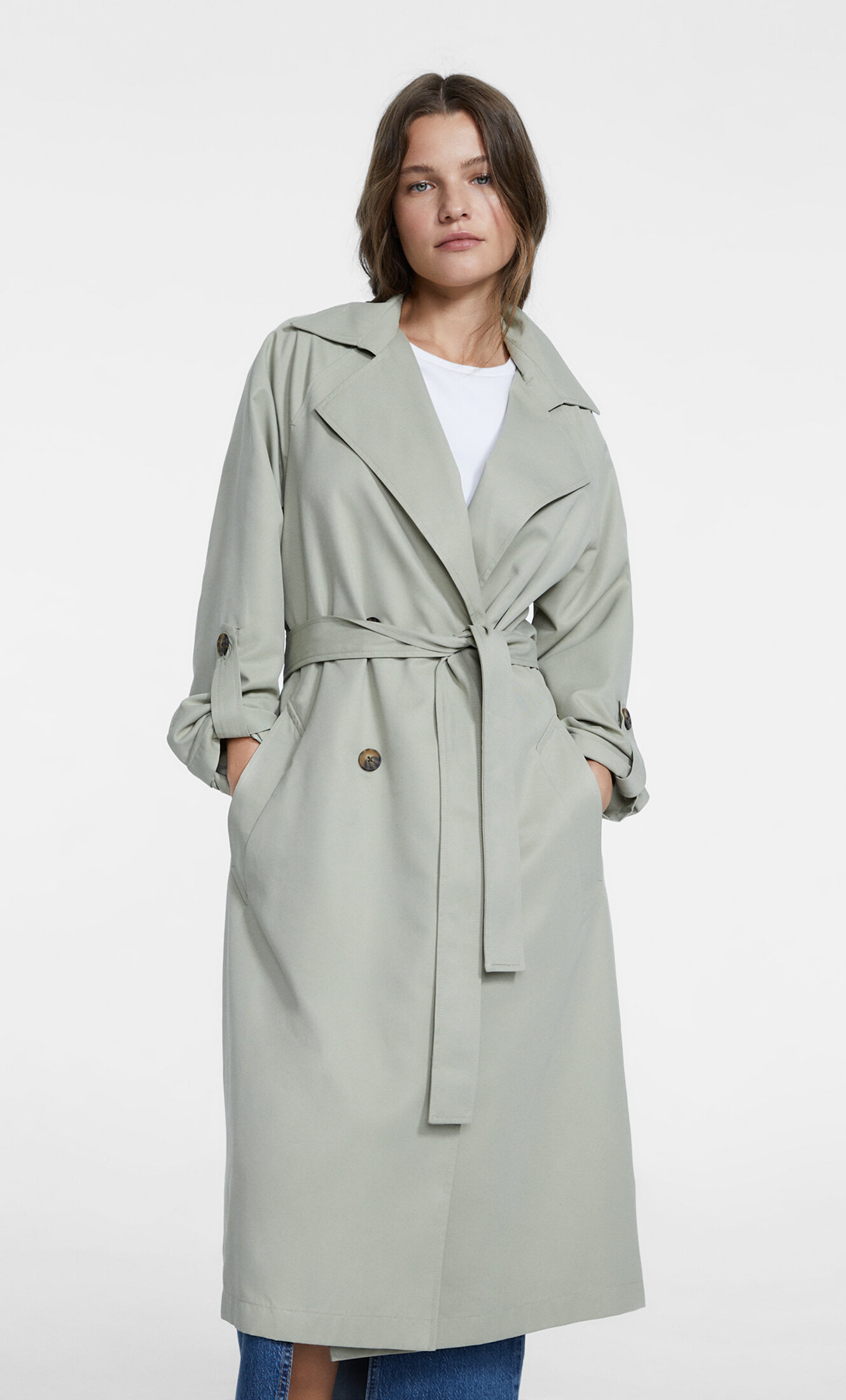 stradivarius long flowing trench coat