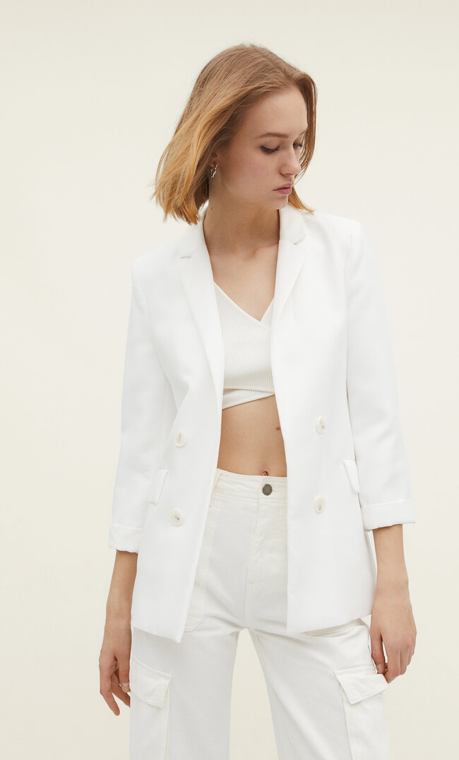 

Stradivarius Zweireihiger, Offener Blazer Weiß Xxs
