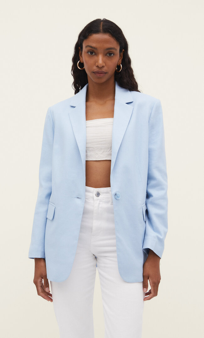 

Stradivarius Blazer im Straight-Fit mit Leinenanteil Himmelblau L