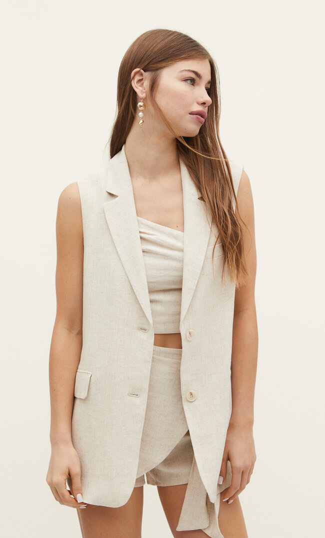 

Stradivarius Mittellange Weste Mit Leinenanteil Steingrau Xl