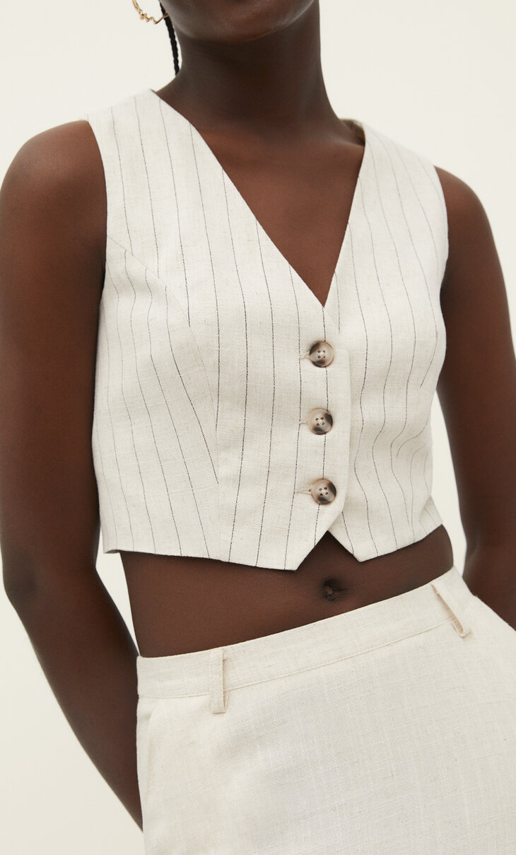 Short striped linen blend waistcoat