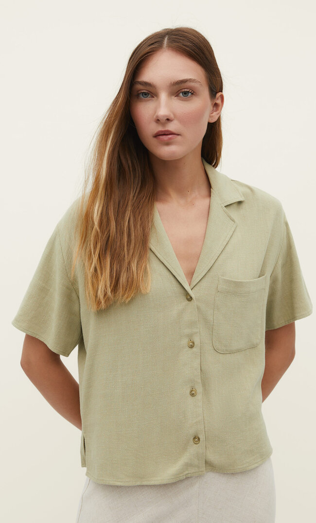 

Stradivarius Koszula Z Mieszanku Lnu Z Krótkim Rękawem Khaki M
