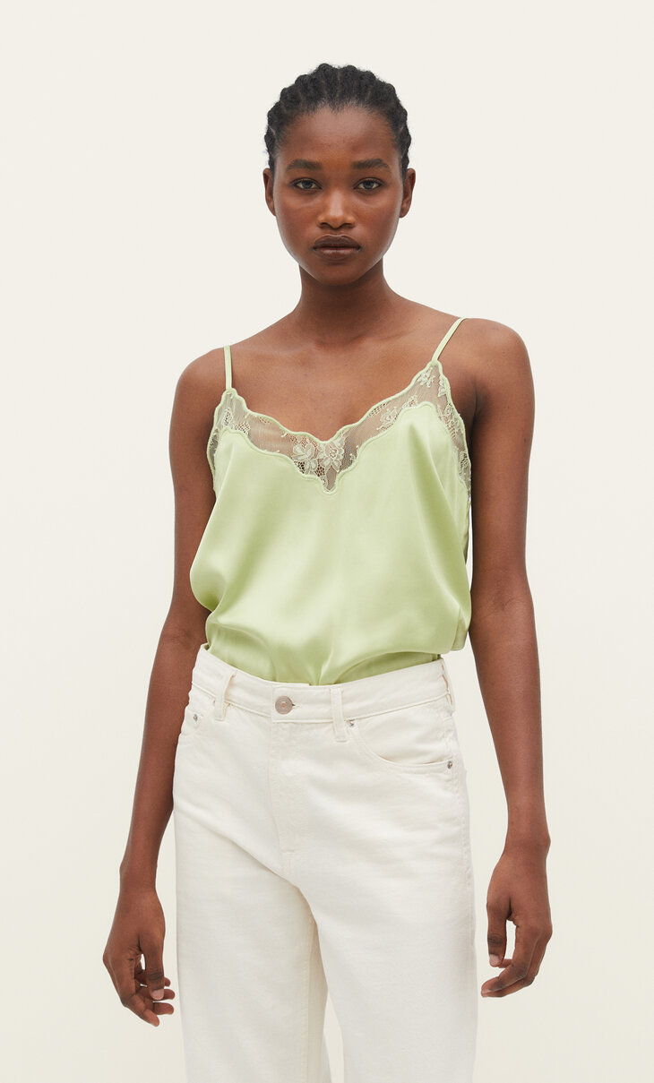 Lace-trimmed satin top