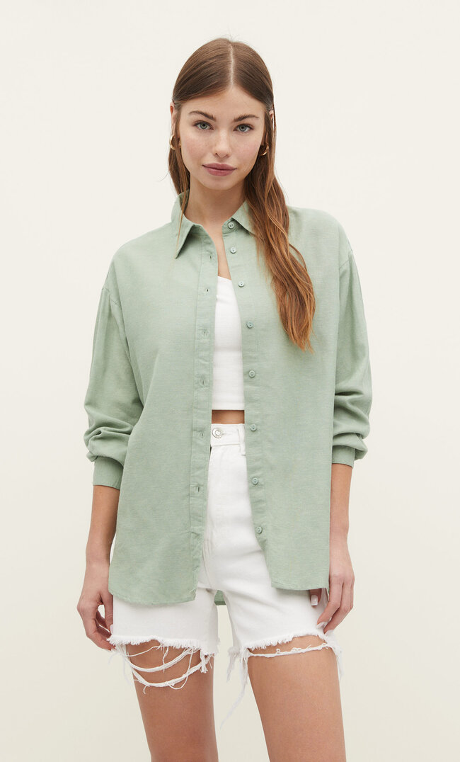 Stradivarius Koszula Z Mieszanki Lnu Khaki L