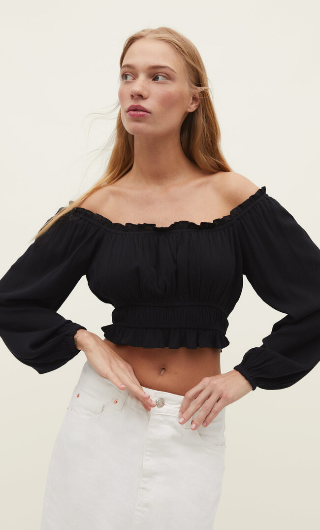 

Stradivarius Crêpe-Bluse Mit Gummizug Schwarz S