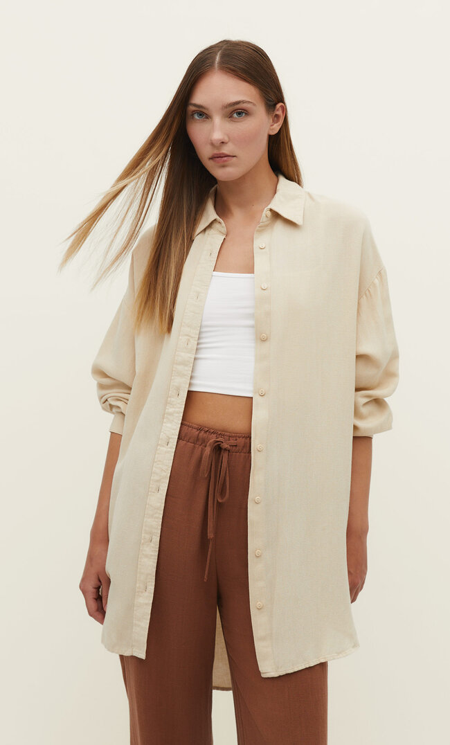 

Stradivarius Langes Shirt mit Leinenanteil Steingrau S