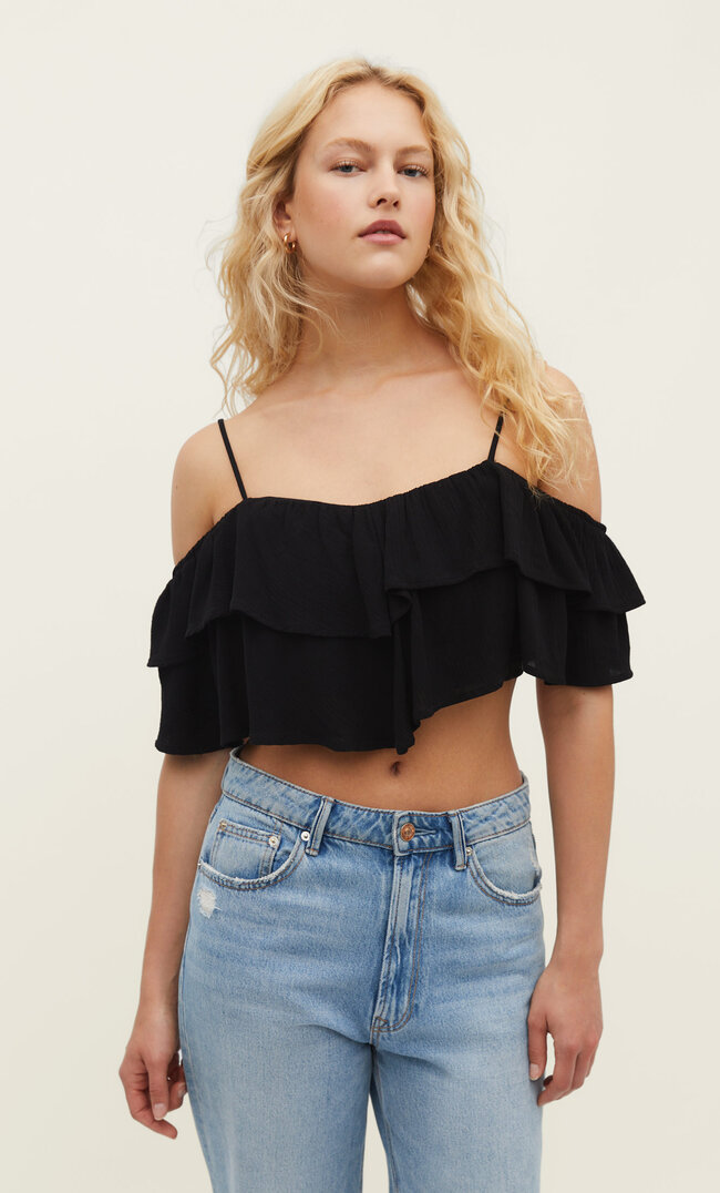 

Stradivarius Crêpe-Top mit Volant Schwarz L