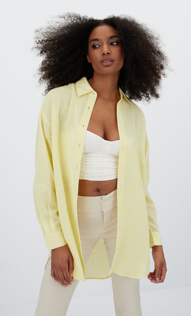 

Stradivarius Langes Shirt Mit Leinenanteil Pastellgelb M