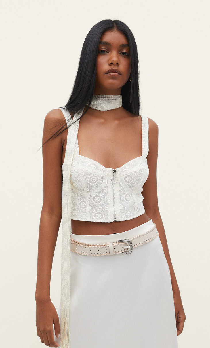 Strappy bustier with zip and embroidered detail