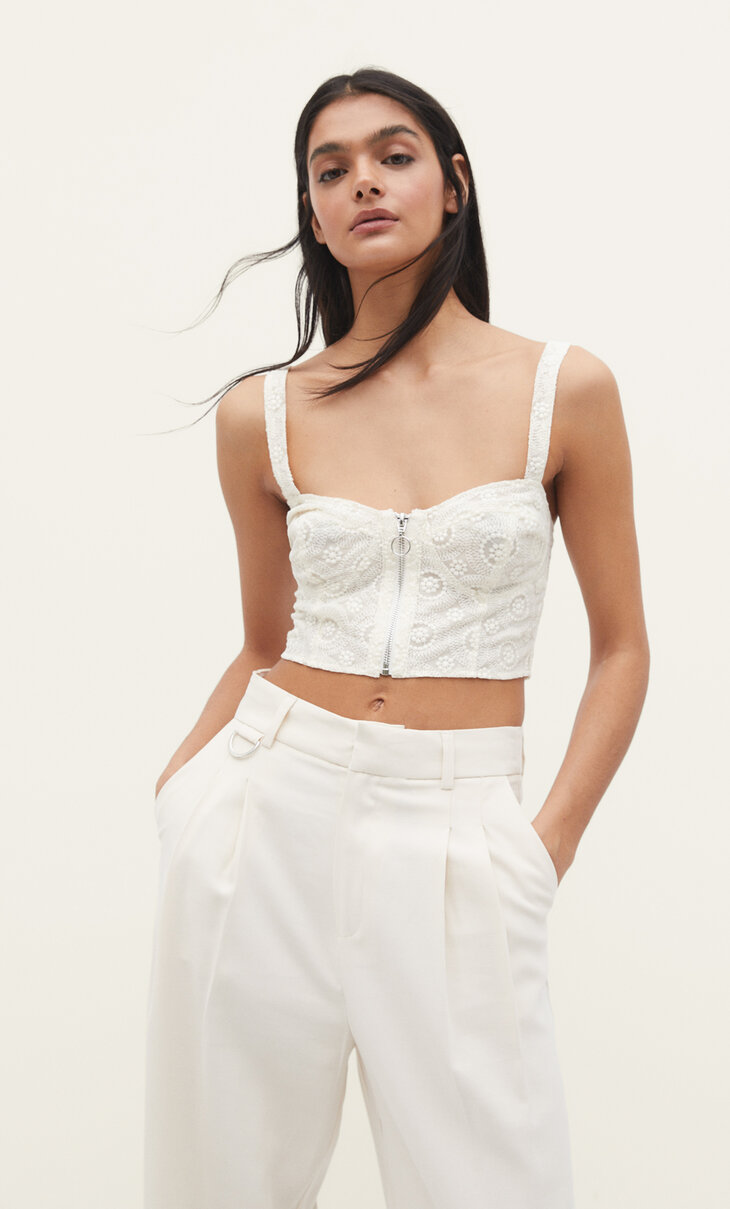 Strappy top with zip and embroidered detail