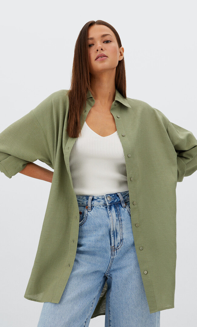 

Stradivarius Długa Koszula W Rustykalnym Stylu Khaki M