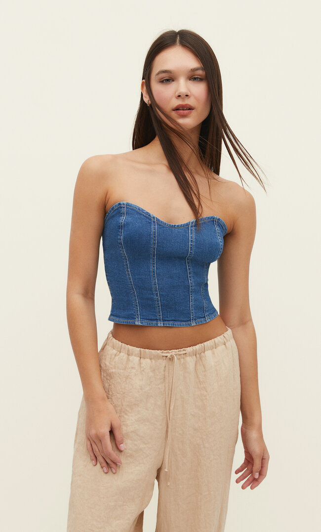 Stradivarius Jeans-Bustier-Top Medium Dark Blue Denim Xs