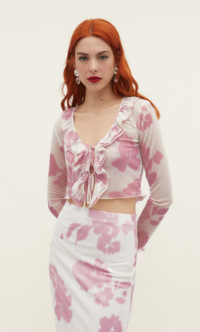 

Stradivarius Tüllbluse Mit Volant Pastellrosa Xl