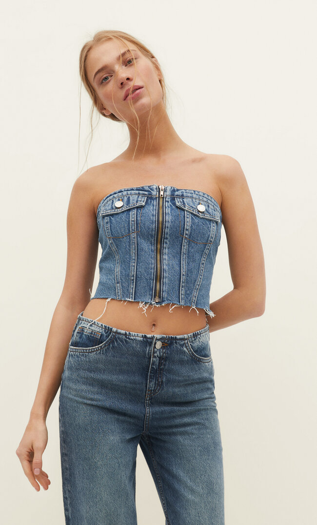 Stradivarius Jeans-Bustier-Top Medium Dark Blue Denim S