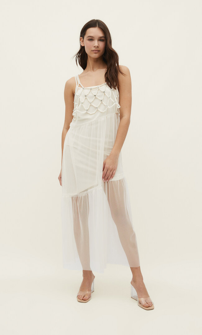Stradivarius Queen Charlotte Midikleid aus Tüll TRANSPARENT S