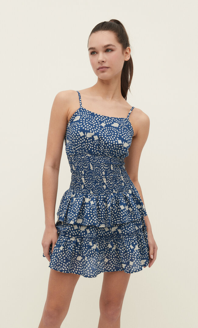 

Stradivarius Kurzes Kleid mit Volants und Print Himmelblau M