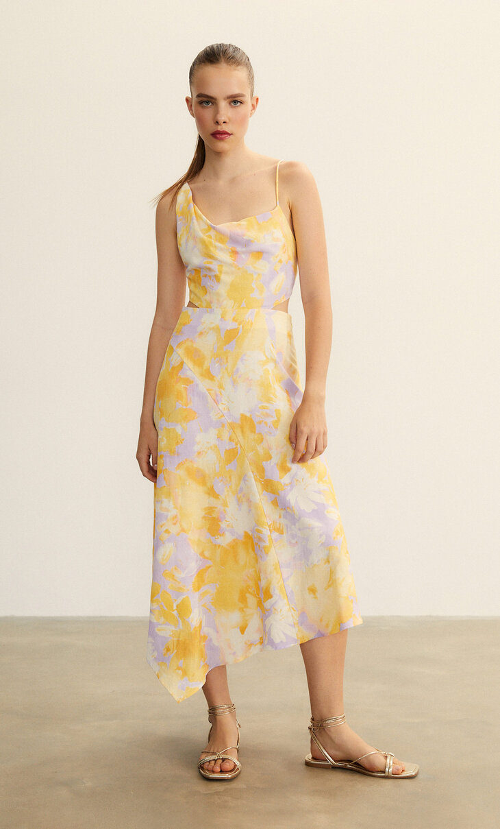 Printed asymmetric linen blend midi dress