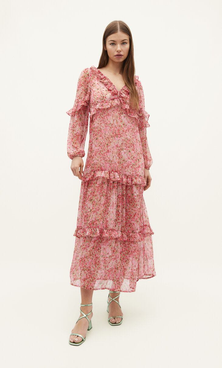 Printed midi dress with ruffles