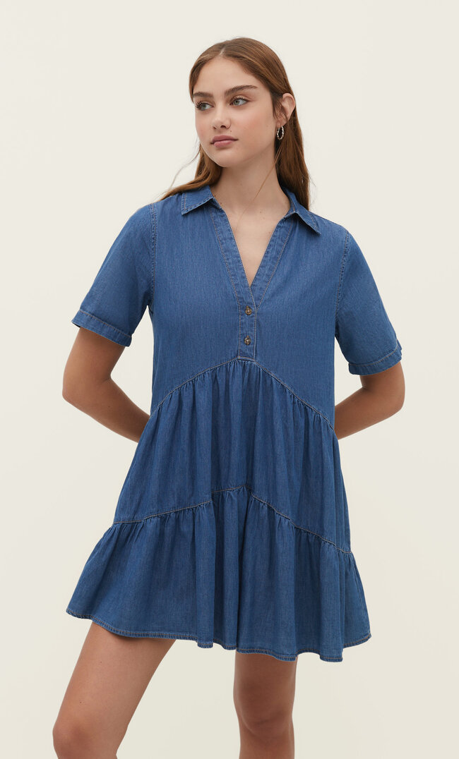 

Stradivarius Krótka luźna szmizjerka Niebieski denim XL