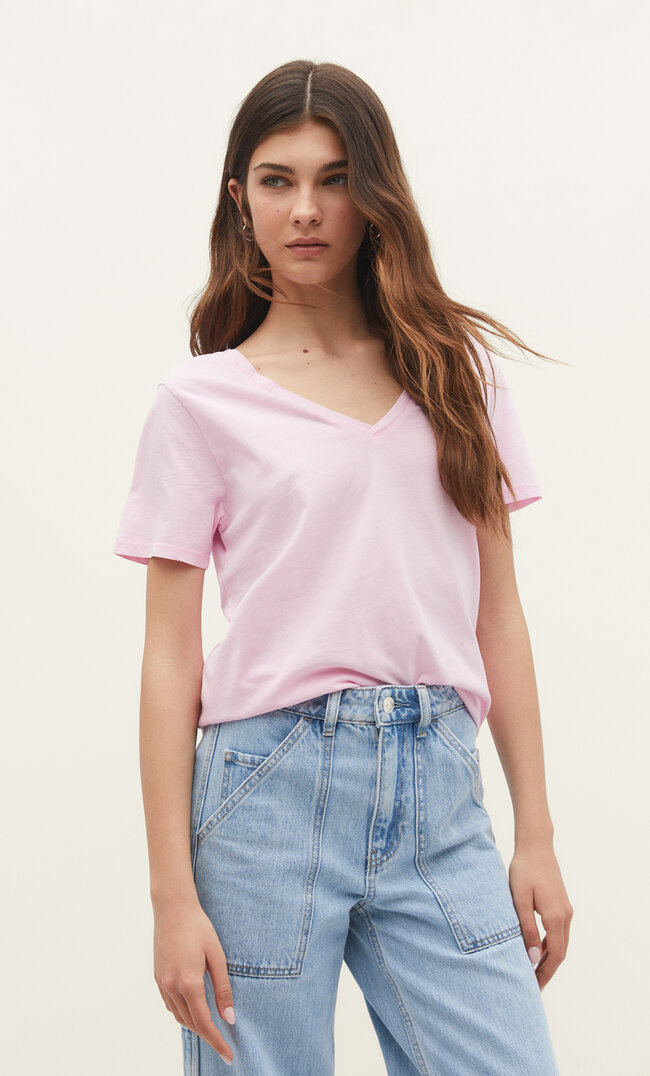 Stradivarius Basic-Shirt Im Acid-Wash Mit V-Ausschnitt Pastellrosa Xl