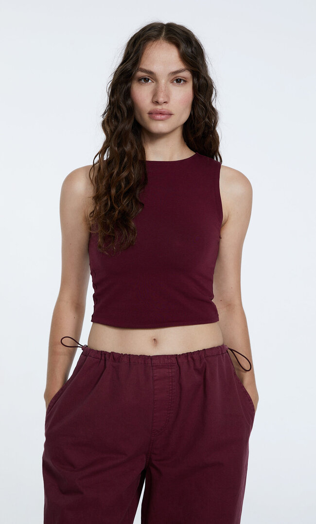Stradivarius Ärmelloses Shirt Aus Baumwolle Granatrot M