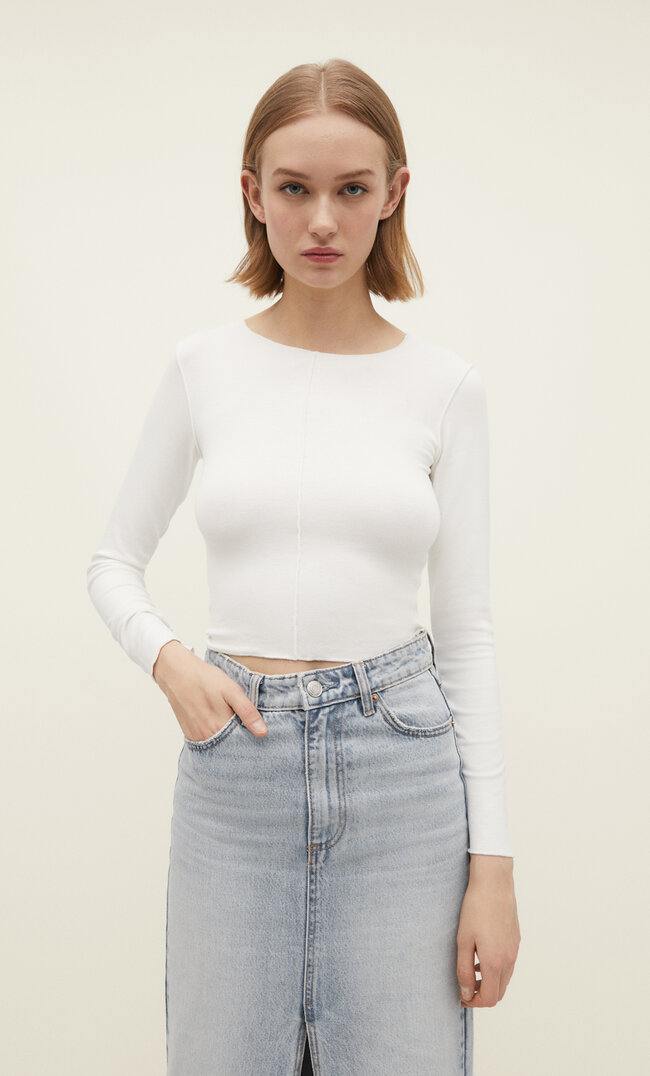 Stradivarius Shirt aus Viskose mit Ziernaht Ecru M