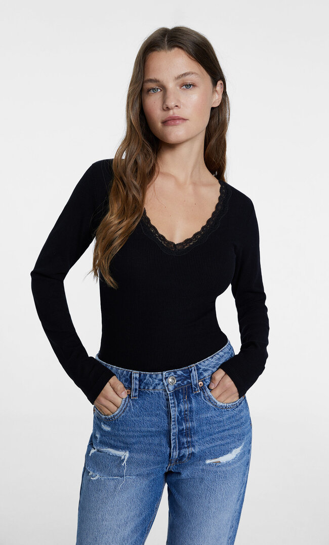 Stradivarius Basic-Shirt Mit Spitze Schwarz Xs